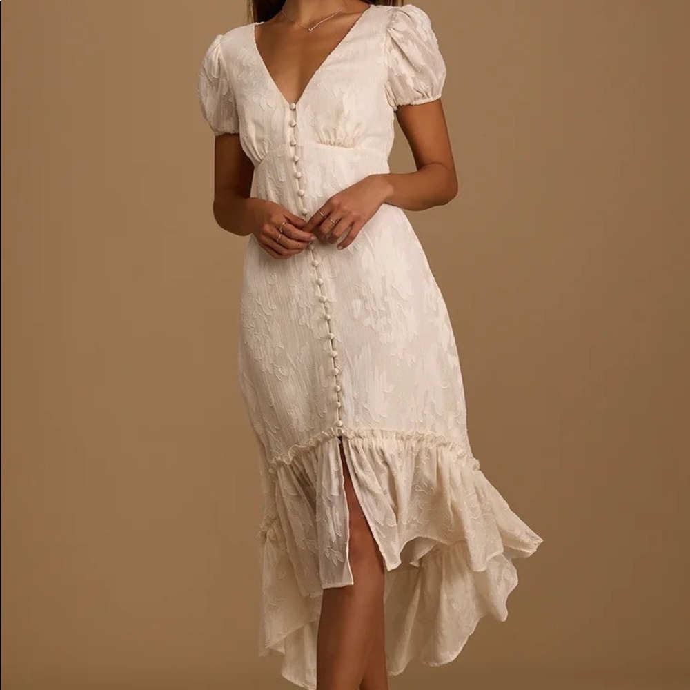 LULUS Gala in the Garden Cream Jacquard High-Low Midi Dress